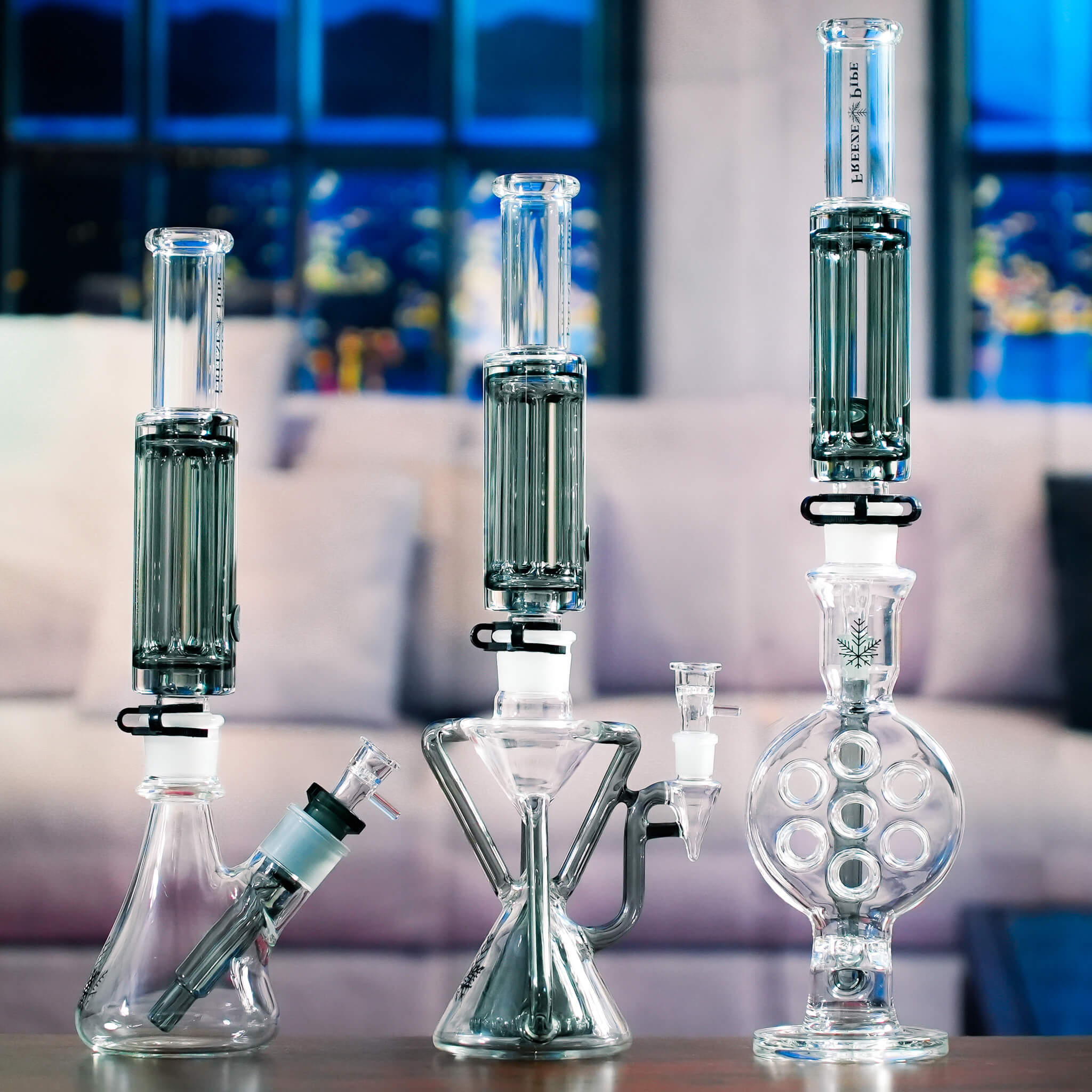 group of perc bongs on table